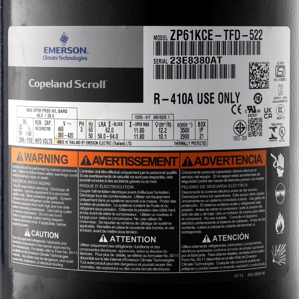Compressor ZP61K5E-TFD-522 R410A, HBP, 400V