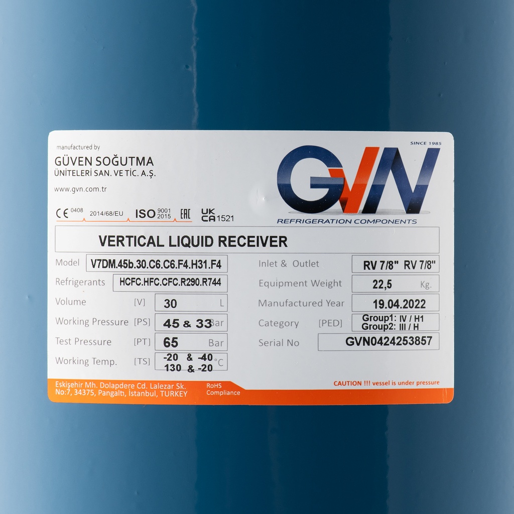 Vertical Liquid Receiver, 45bar, 30litres