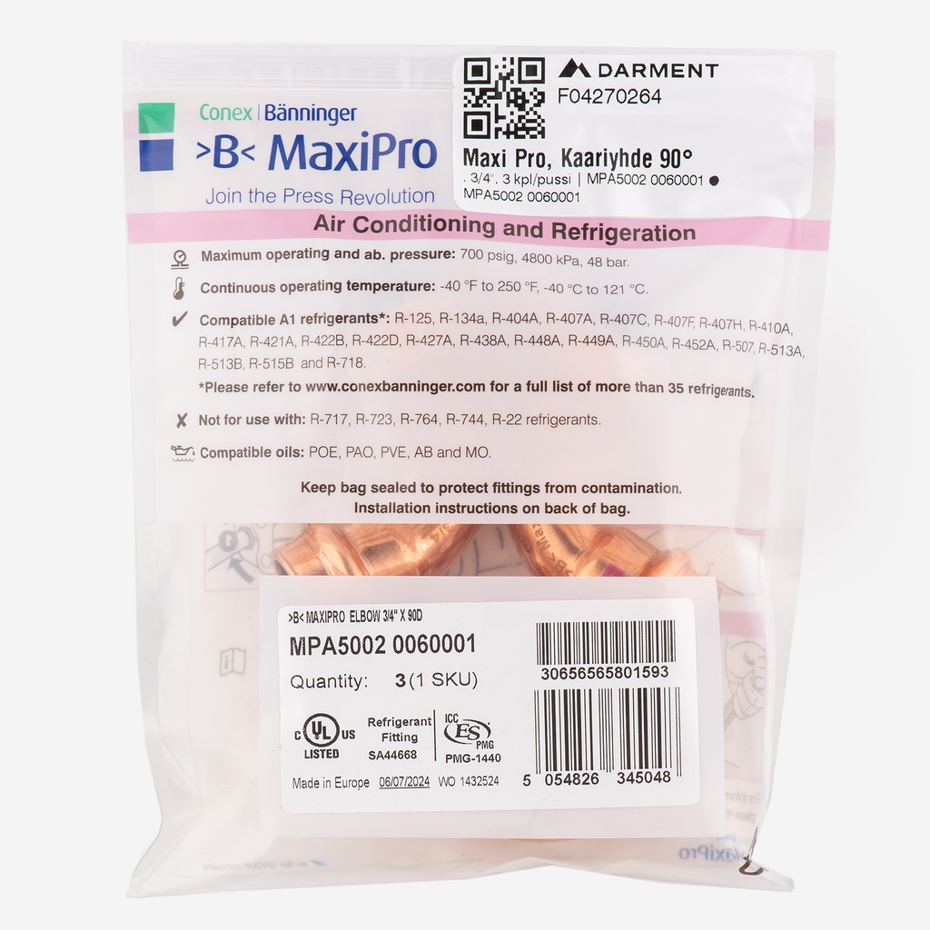 MaxiPro, 90° Bend, 3/4", 3pcs/bag | MPA5002 0060001