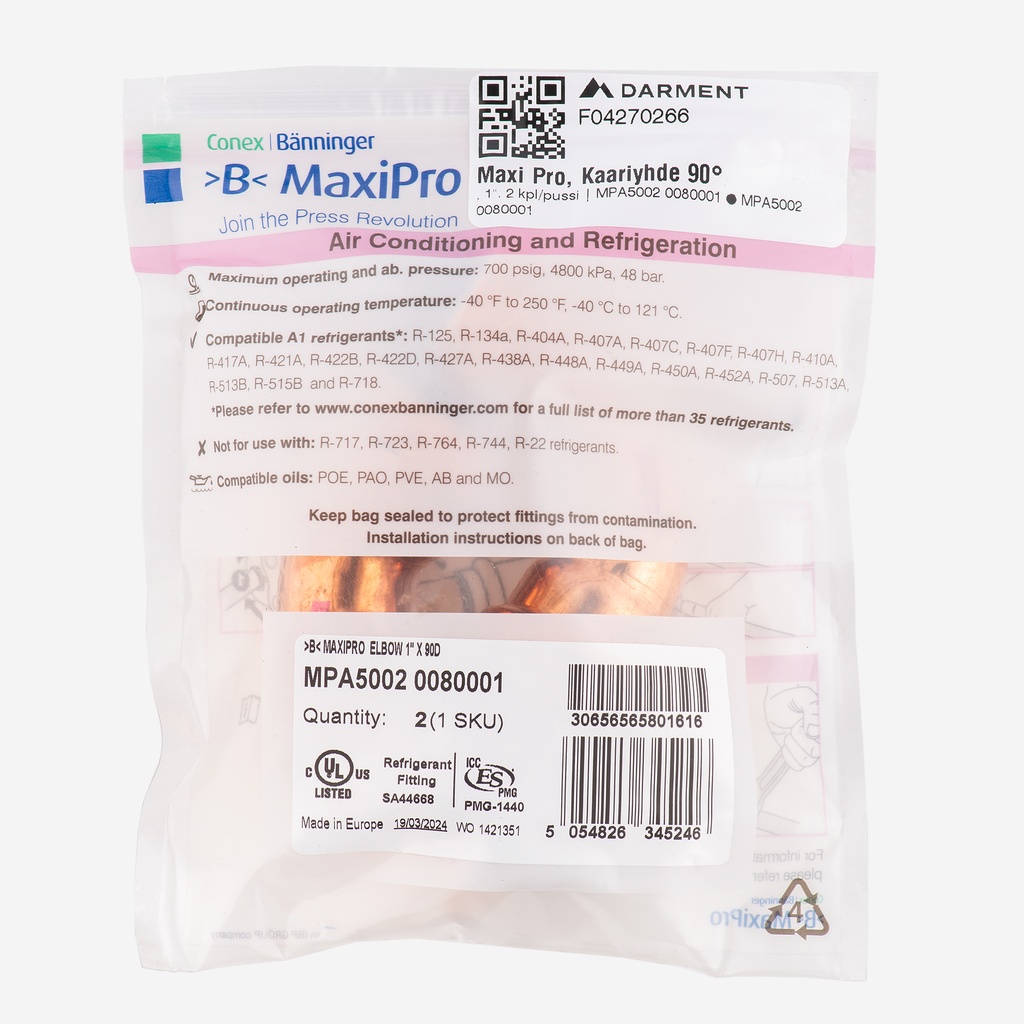 MaxiPro, 90° Bend, 1", 2pcs/bag | MPA5002 0080001
