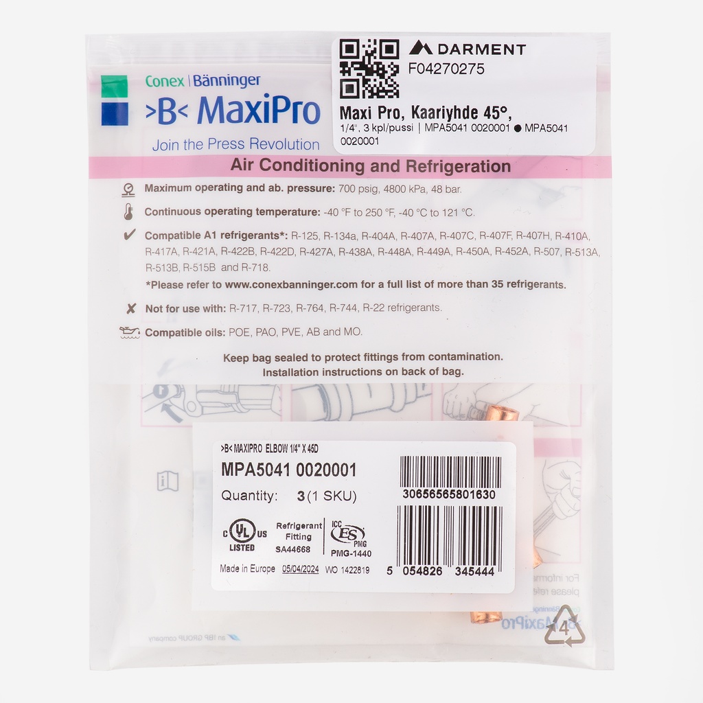 MaxiPro, 45° Obtuse Bend, 1/4", 3pcs/bag | MPA5041 0020001