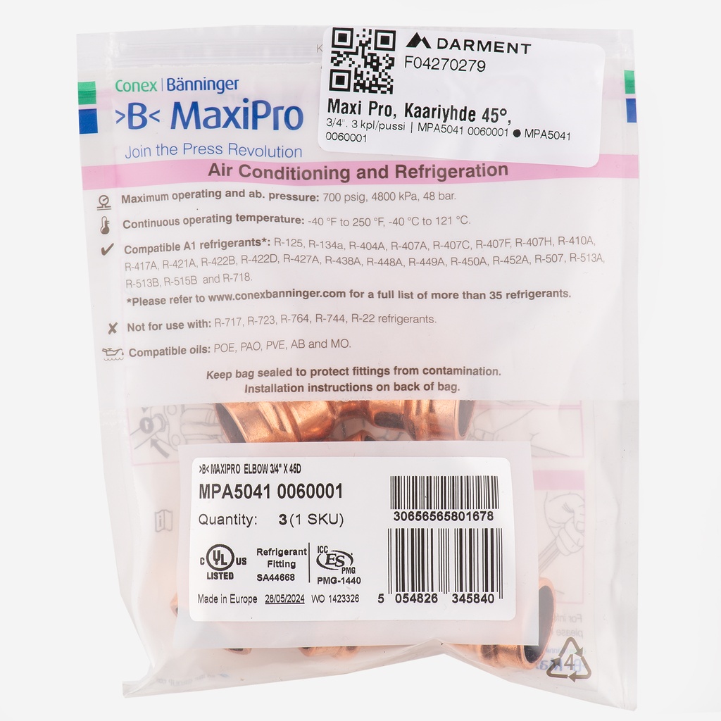 MaxiPro, 45° Obtuse Bend, 3/4", 3pcs/bag | MPA5041 0060001