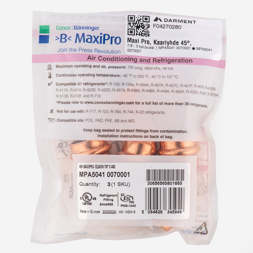 MaxiPro, 45° Obtuse Bend, 7/8", 3pcs/bag | MPA5041 0070001