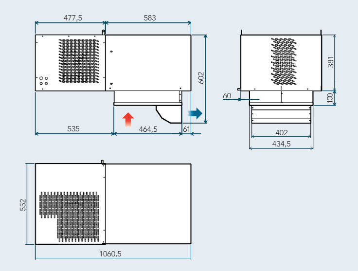 Monoblock kylmähuone, katto/höyrystin katolla, R290, MBP, 230V, 10,9m3 [0°C / +32°C]