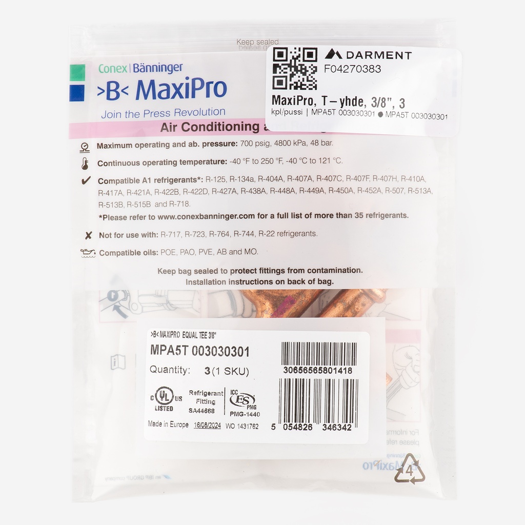 MaxiPro, Tee, 3/8", 3pcs/bag | MPA5T 003030301