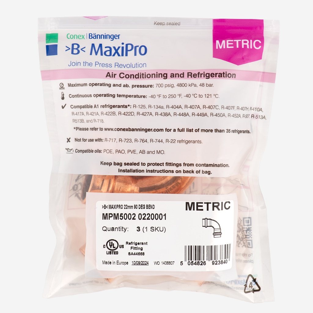 MaxiPro, 90° Bend, 22 mm, 3pcs/bag | MPM5002 0220001