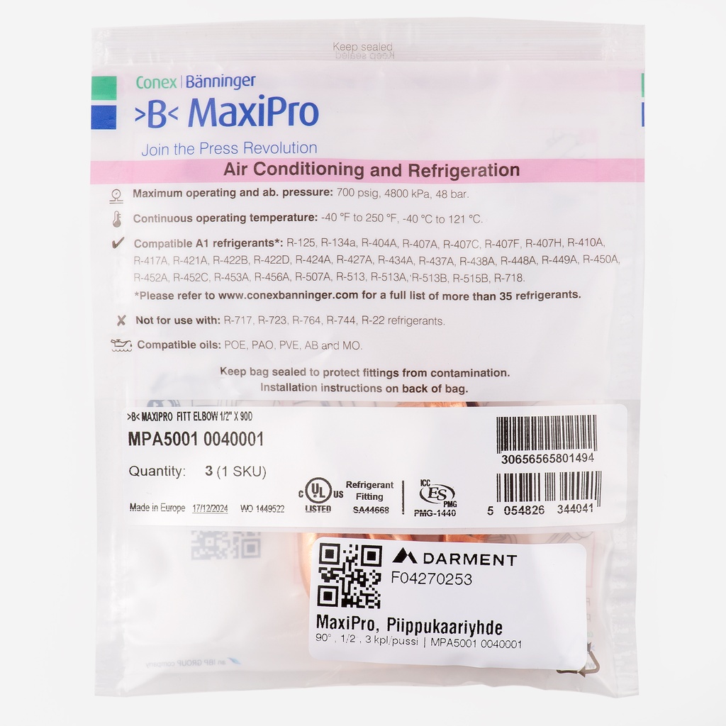 MaxiPro, 90° Street Bend, 1/2", 3pcs/bag | MPA5001 0040001