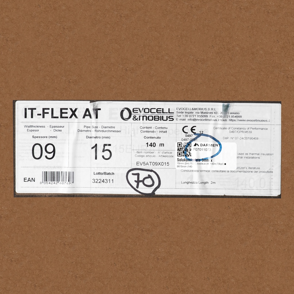 Insulation tube 9mm x 15mm (2m)  150°C  heat resistant