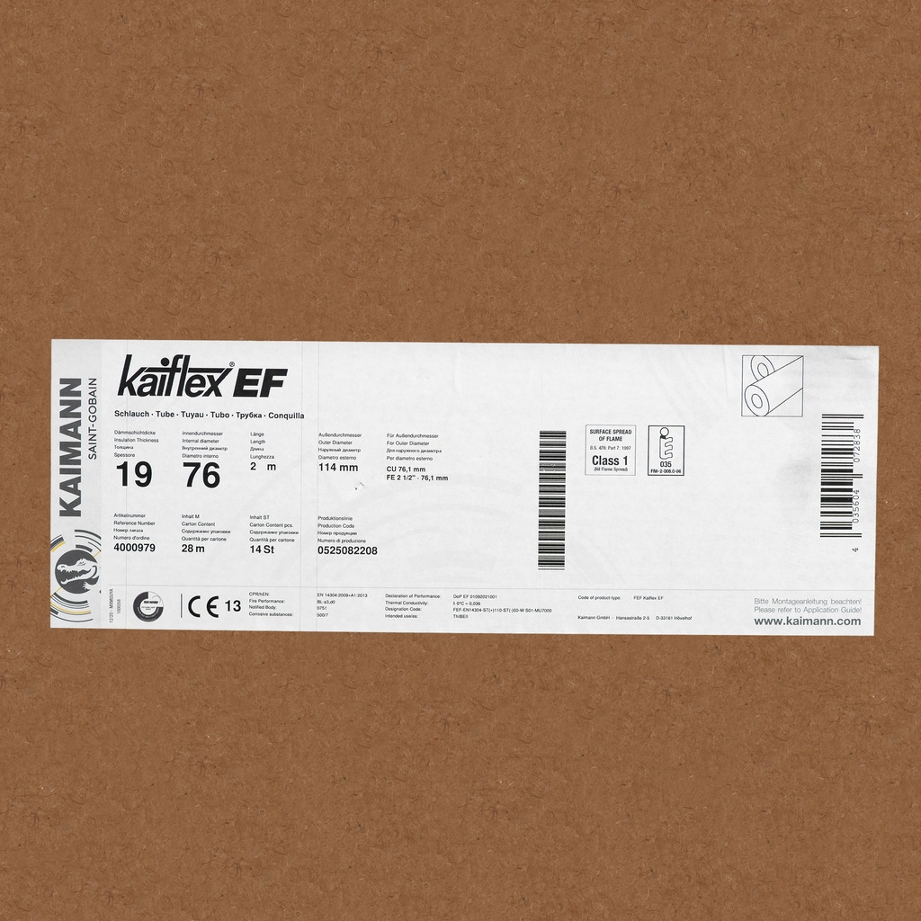 Insulation tube 19mm x 76mm (2m) (box: 28m/14kpl)