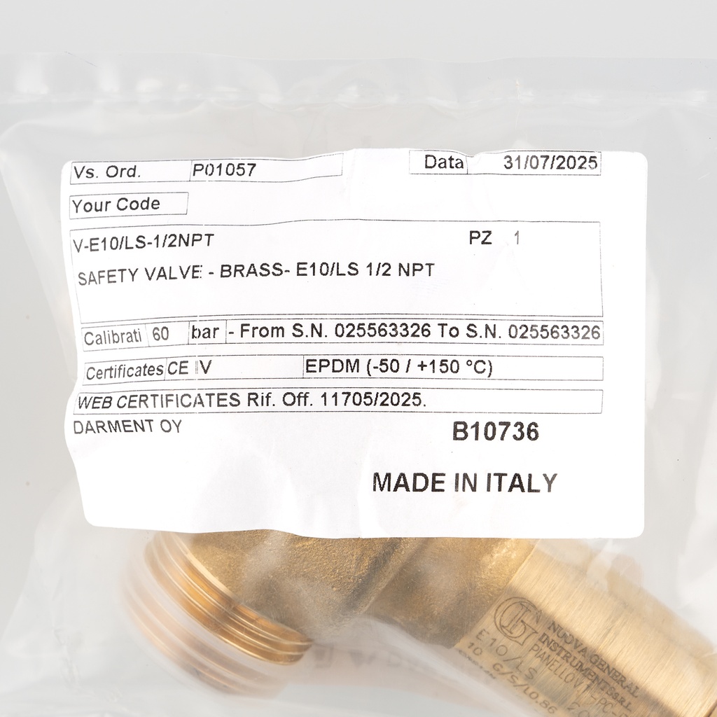 Safety valve E10/LS 60 bar  1/2" NPT G.1"