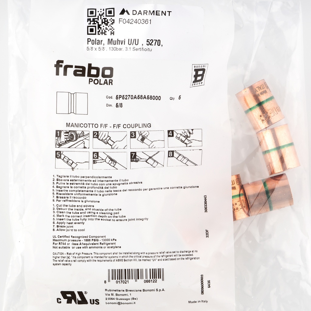 Polar, Coupler FF, 5270, 5/8"x 5/8", 130bar, 3.1 Certificate