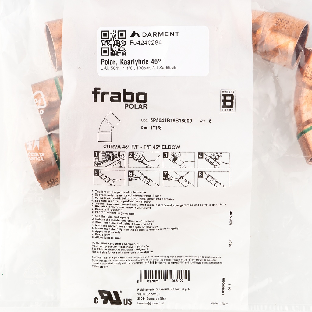 Polar, 45° FF bend, 5041, 1 1/8"x 1 1/8", 130bar, 3.1 Certificate