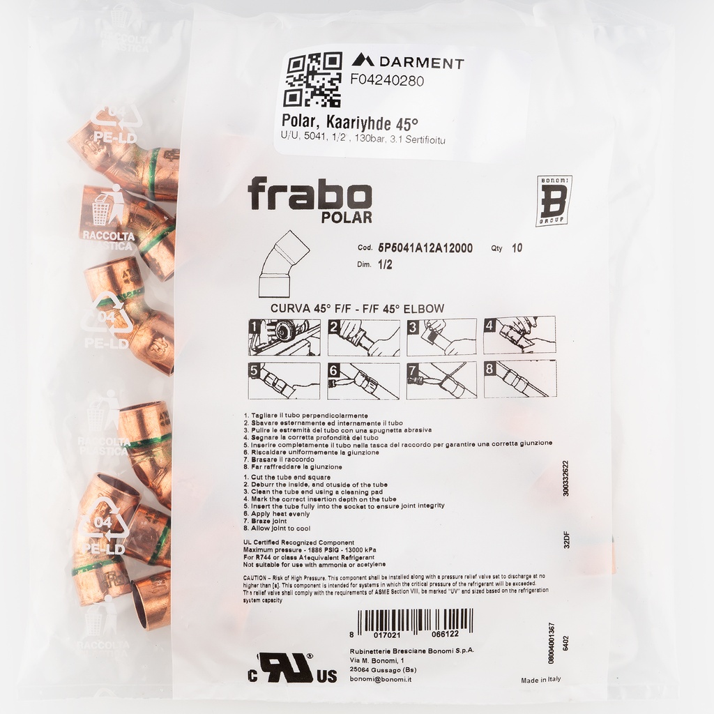 Polar, 45° FF bend, 5041, 1/2"x 1/2", 130bar, 3.1 Certificate