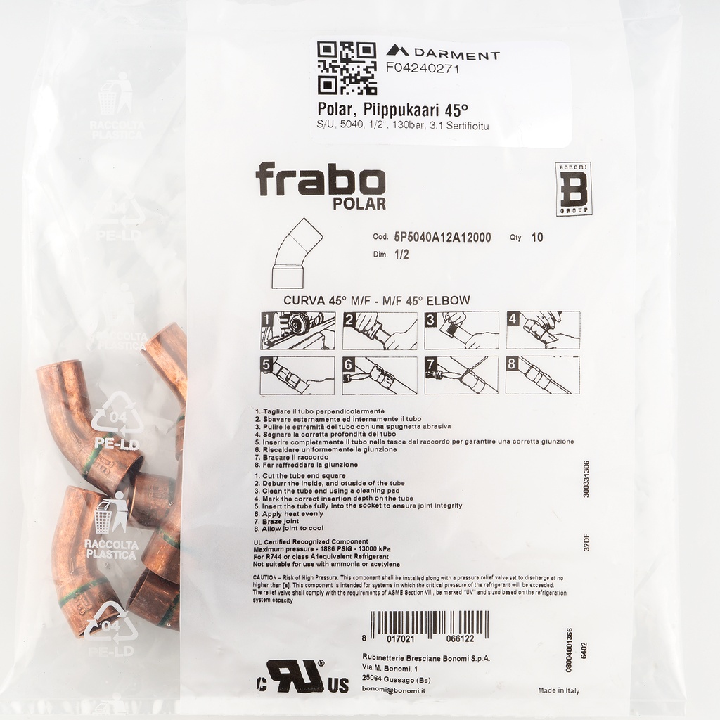 Polar, 45° MF bend, 5040, 1/2"x 1/2", 130bar, 3.1 Certificate
